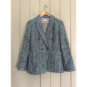 Loft Blue Tweed Double Breasted Blazer Jacket 4P Petite Gold Button Textured